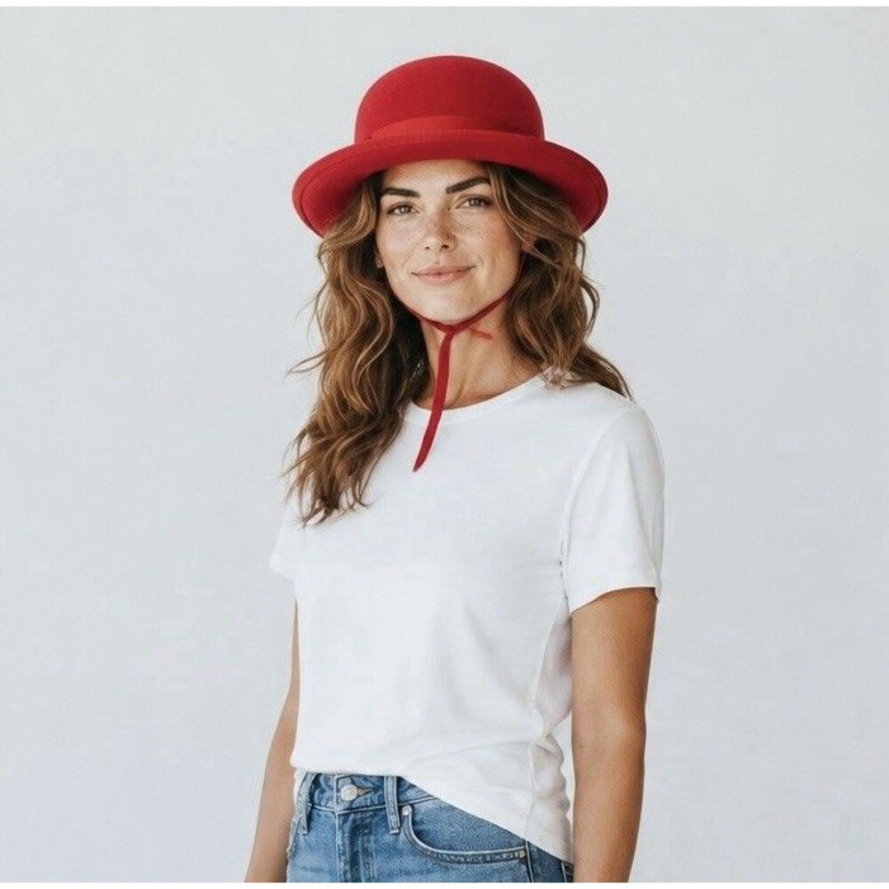 VTG 1950s Red Hat With Ribbon French Wool By Au Chat Botte Made In France